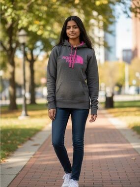 The North Face Charcoal Grey Hoodie with Pink Logo